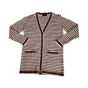 DOKOTOO Brown White Striped V-Neck Button Front Cardigan Sweater Pockets Small